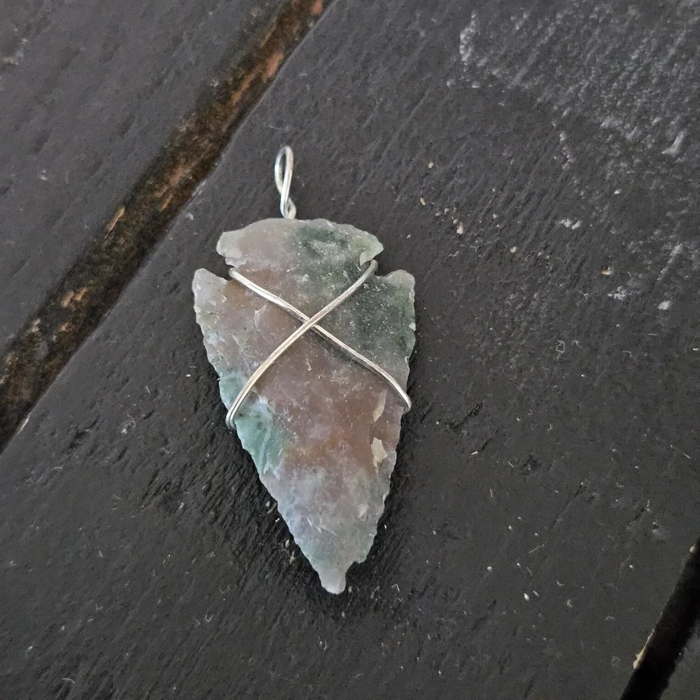 Silver Wire Wrapped Arrowhead Stone Pendant for Necklace Jewelry Men's Women's